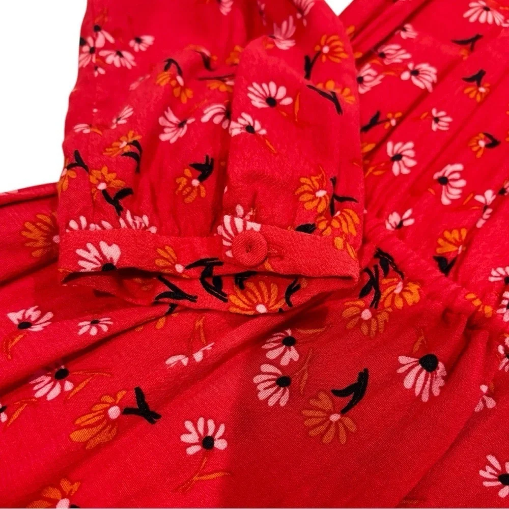 Tara Jarmon Red Midi Dress Women’s Long Sleeve Ruffled Button Front Floral 36